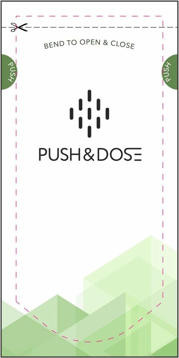 Desenho de impressão de uma embalagem Push&Dose: Embalagem retangular, 80 × 160 mm